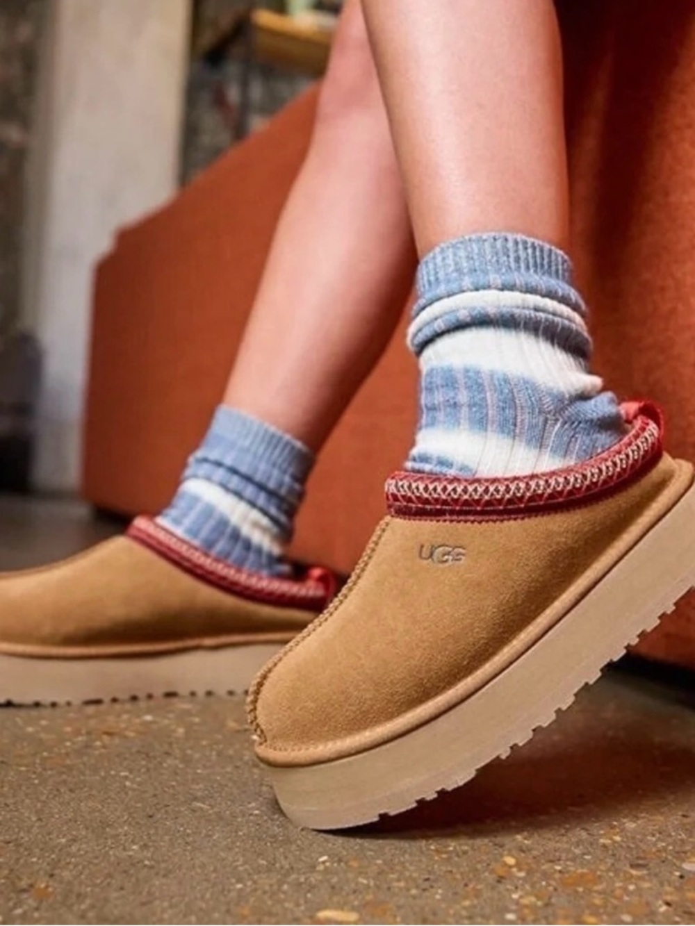 UGG Chestnut Suede Slip-On Mules with Red Trim Tazz II
